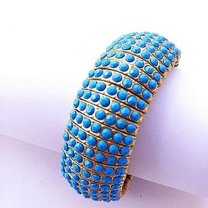 ICE BLUE BRASS tone stretch bohemian bracelet boho statement gold-tone